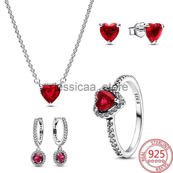 Серьговые ожерелье Новое 925 Sterlsilver Sparklheart Halo Pendant Collier Ожерелье красное сердце Серьги обручи женские ювелирные украшения подарки J231222