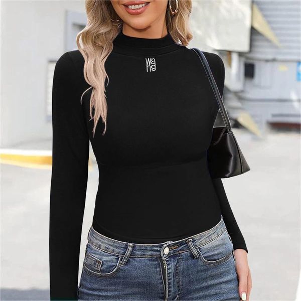 Frauenblusen Hemden für Frauen Herbst 2023 bestickter Buchstaben Oben halb hoher Kragen enge warme Bodenbluse Ladies Pullover Tops