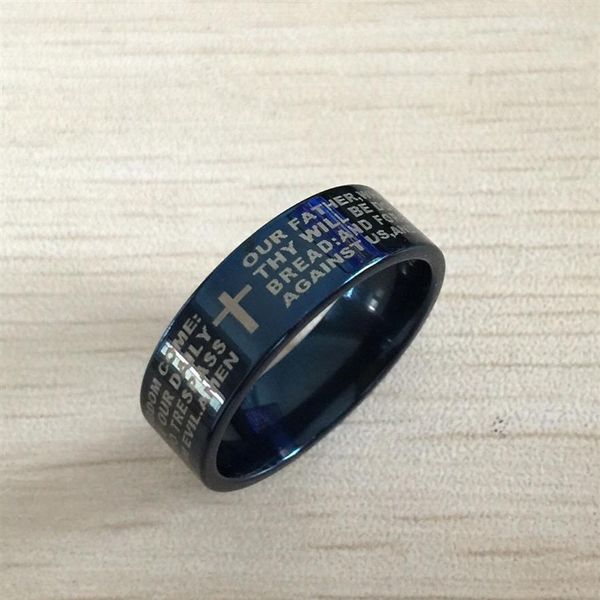 Blue Men English Bibel Ring 8mm 316 Titanium Stahlkreuzbriefgebet Bibel Ehering der Herr der Ring Männer Frauen268y