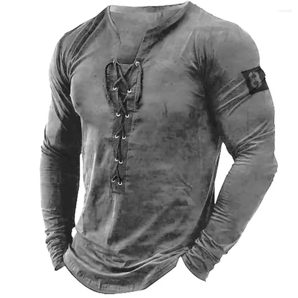 Camisetas masculinas masculina roupas harajuku chegadas 2023 arrem de renda retrô ao ar livre de manga longa de manga comprida outono de camisetas sólidas casisetas casisetas de outono