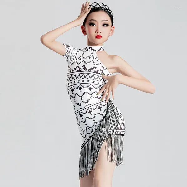 Stage Wear 2023 Summer's Children's Latin Dance Practice Suit Professional Girl Black and White Spliced ​​Internet Red Bassel Performance