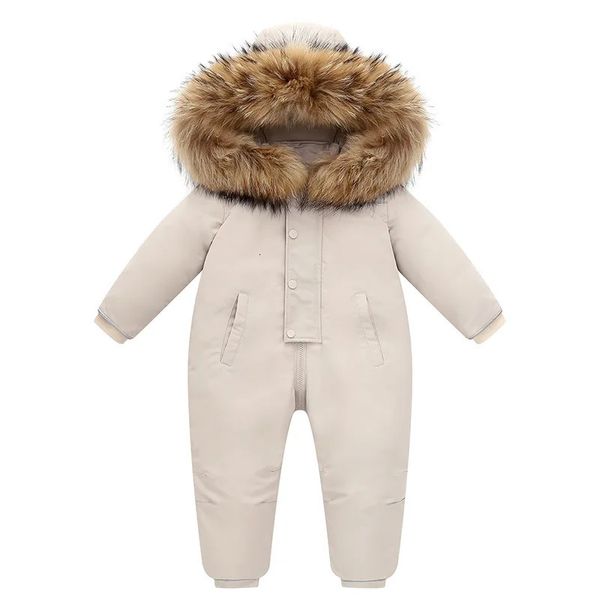 2023 Kış Çocuk Boys Tulum 30 Derece Zipper Hoodie Kalın Romper Su Geçirmez Gerçek Kürk Tulumları Çocuk Bebek Snowsuit 231221