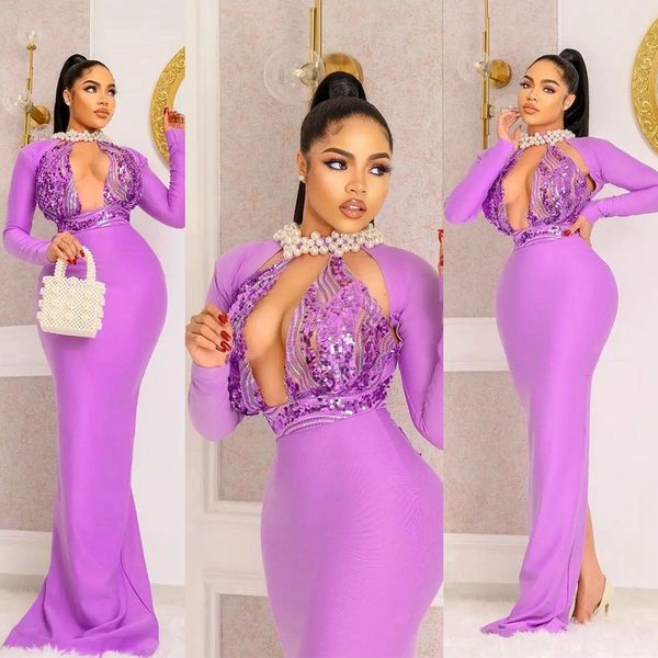 Abiti da sera eleganti color lavanda maniche lunghe sirena in raso elastico pizzo abiti da ballo per occasioni speciali abiti da festa di compleanno abito da cena semplice club di gala NL096