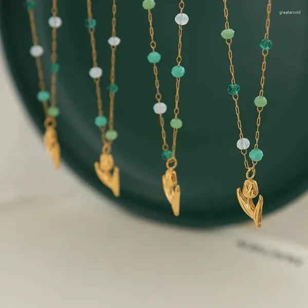 Anhänger Halsketten Waldstil Kristall Perlen Halskette Tulpe frischer Blumenschmuck Großhandel Weihnachtsgeschenk