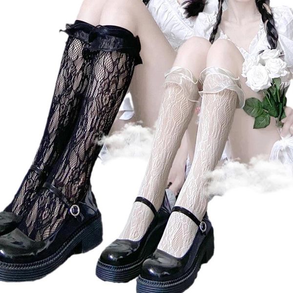 Mulheres meias japonesas de renda floral japonês Knee High Tiered Agaric Ruffled Top Mesh Mesh Princesa Meias 37JB