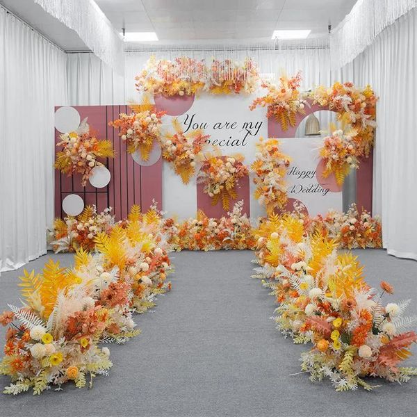 Grinaldas de flores decorativas grinaldas laranja amarelo série casamento arranjo floral flor artificial linha mesa t palco pano de fundo canto b