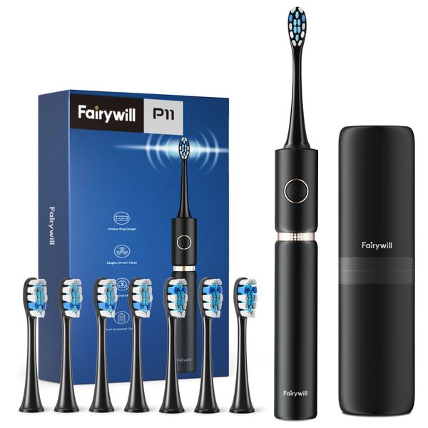 Fairywill P11 Sonic Whitening Electric Zahnbürste wiederaufladbar USB -Ladegerät Ultra leistungsstarke wasserdichte 4 Köpfe und 1 Reisefall 231222