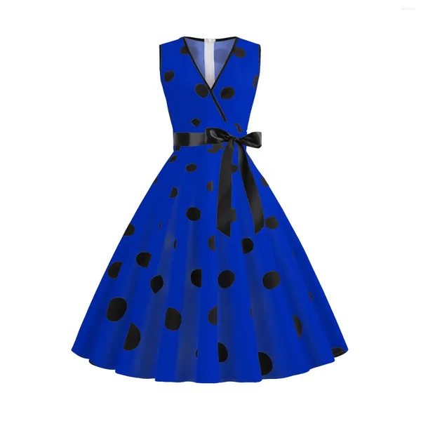 Lässige Kleider Vintage Polka Dot gedrucktes Swing-Kleid Damen Elegant Retro 80s 90er ärmellose Deep V-Ausschnitt Party Ladies Bow Verband