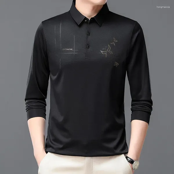 Camisa de pólo de moda masculina para homens para masculino gráfico de borboleta impressa de outono roupas de mangas compridas camiseta de estilo coreano solto coreano