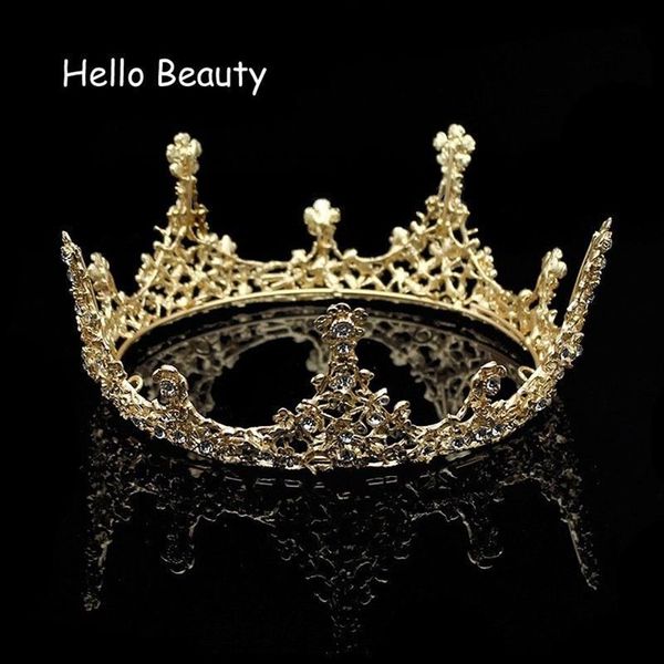 Ouro barroco de cor dourado vintage homens diadema grande cristal redoe rei rei coroa de casamento rainha tiara jóias de cabelo de noiva y19235p