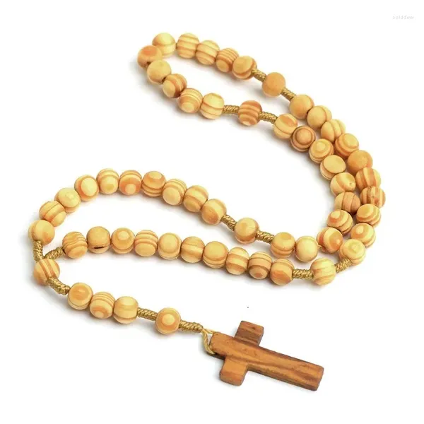 Anhänger Halskette Popacc Simple hölzerne Perlen Halskette für Männer Frauen Muster Cross handgewebtes Schmuckparty Geschenke