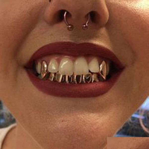 Grillz, Diş ızgaraları 18K Gerçek Altın Grillz Diş Ağız Fang Izgaralar Düz Punk Hiphop Yukarı 2 Alt 6 Diş Diş Kapağı Cosplay Co DHX7Q