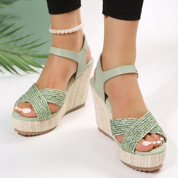 Sandalet Kadınlar Yaz örgü takozlar nefes alabilen toka kayış ayak parmağı rahat plaj ayakkabıları deri için