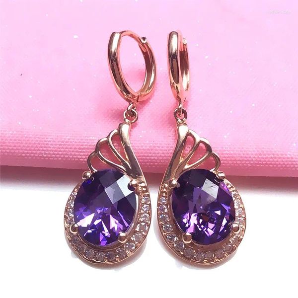 Brincos de balanço 585 Purple Gold Prazed 14K Rose Shining Luxury Gem para mulheres elegantes jóias de noivado de casamento requintadas