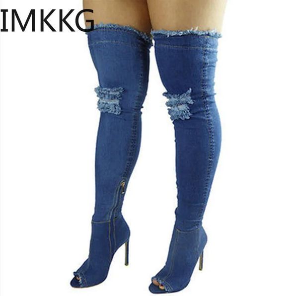 Stivali 2020 Stivali Autunno Stivali Autunno High Women Women Fashion Pieep Over the Knee Boots Blue Jans Jeans Zipper Long Boots Scarpe Ladies