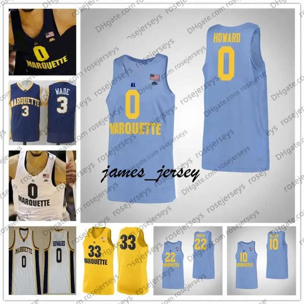 Jam Custom Marquette Golden Eagles 2020 Баскетбол 0 Маркус Ховард 2 Sacar Anim 25 McEwen Men Yourd Gaby Navy Blue Yellow Jersey 4xl