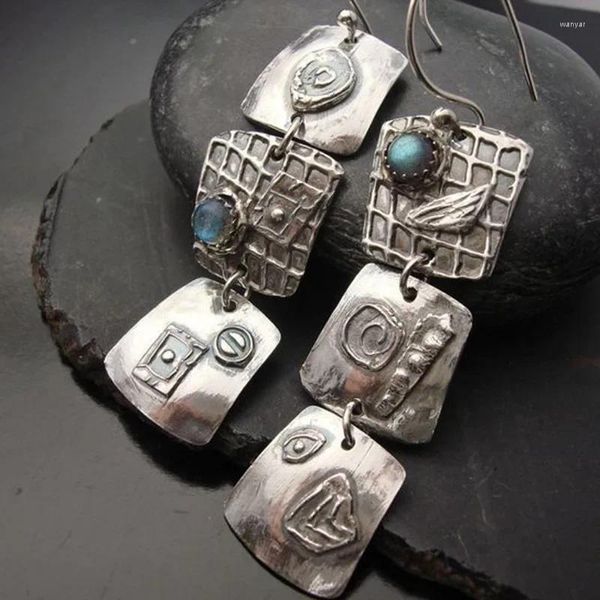 Orecchini doganici gypsy quadrati in metallo blu in pietra blu gioielli fatti a mano intagliato goccia geometrica per donne accessori per feste