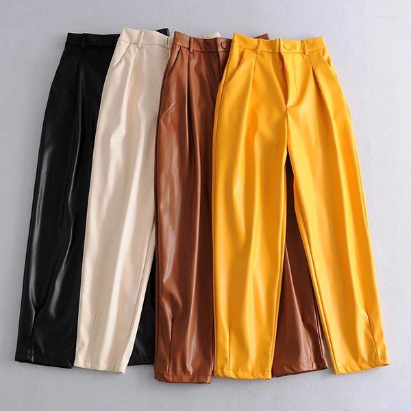 Pantaloni da donna marca in pelle in pelle sciolta donna alla moda pantaloni finti giallo eleganti tasche con cerniera pantalone donna donna donna