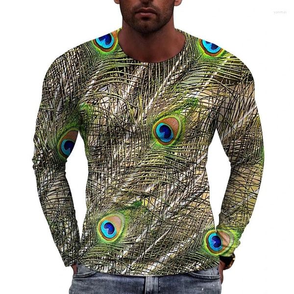 Erkek Tişörtleri Yaz Peacock Desen Baskılı Uzun Kollu T-Shirt Plus Boyut O-Neck Rahat