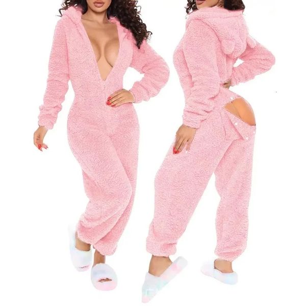 Kadın Kış Sıcak Onesies Polar Romper Pijamalar Katı Açık Dişli Uzun Dişli Longsleeve V Boyun Kapşonlu Sweetwear Seksi Homewear 2024 231221