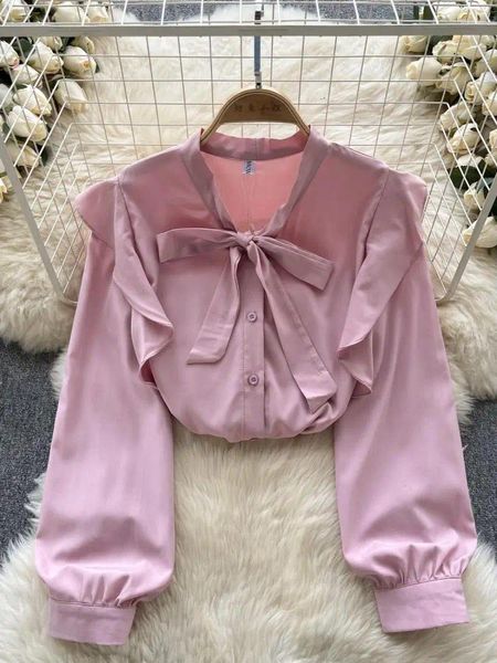 Camicette da donna Donne Dolce Solfo Soluffles Shirt Sleeve Long Bow Neck Office Lady Female Fashion Case 2023 Vintage Tops Autunno