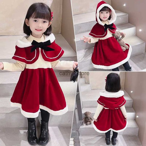 Abiti per ragazze 2023winter 1-6y Abito di Natale per ragazze Mantello in velluto rosso+Abito svasato festa di Capodanno per bambini Costume Kids Christmas Childrensl231222