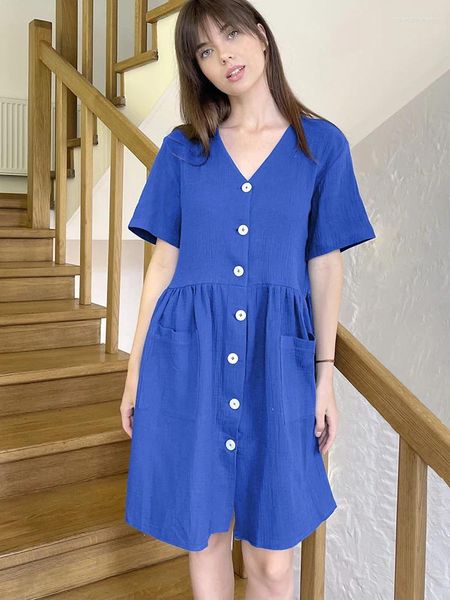 Abbigliamento da donna linad blu abito notturno da notte donne sciolte maniche corta a vccarica bottoni femminile abiti da donna di cotone elegante