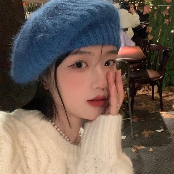 Boinas mulheres inverno coreano mohair boina chapéu grande cabeça de cabeça malha de lã brota moda quente pintor confortável azul pequeno