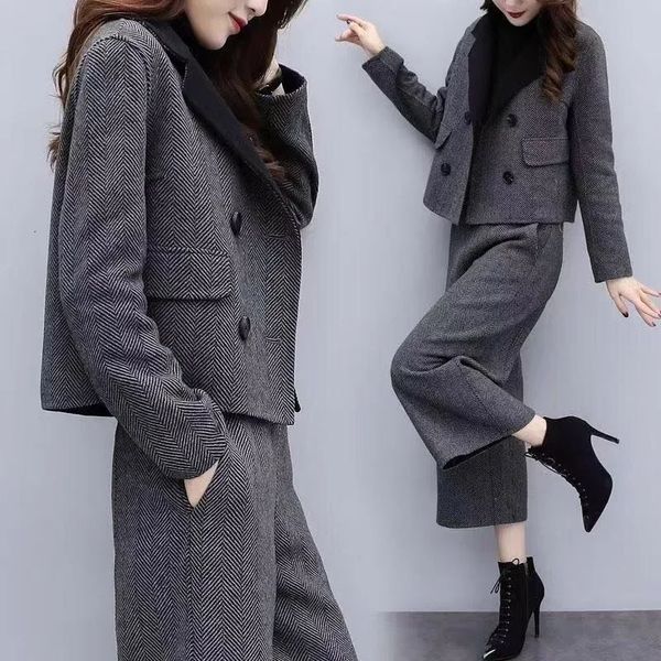 Herbst Winter Frauen Wolle Tweed Blazer 2 Stück Set Elegante Jacke Hose Outfits Hohe Taille Breite Bein Hosen Anzüge 231222