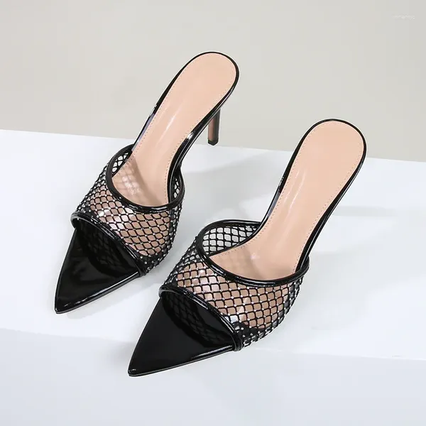 Sandali Summer's High Heels Cucio di pecora Black Mesh Rhinestone Heel Stiletto puntato Slifori di punta aperta