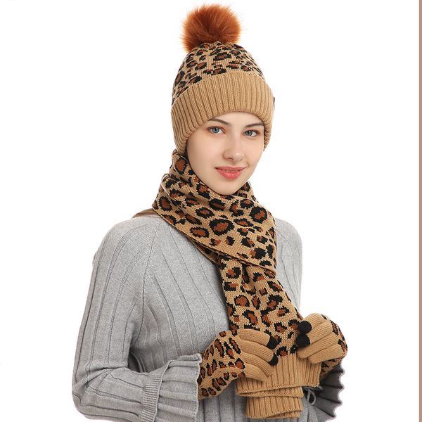 Inverno feminino mantém quente conjunto lã de forro de lã Telefingers luvas espetadas de lenço de malha de malha de lenço lenço de leopardo pescoço