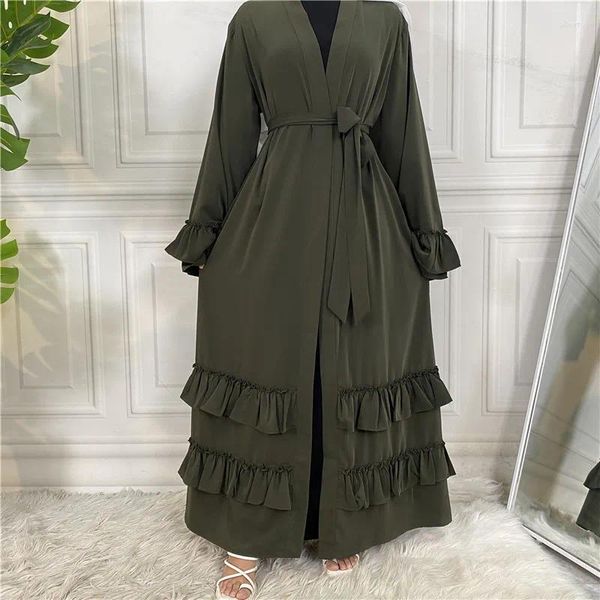 Ethnische Kleidung Dubai Türkei Kaftan Frauen Muslim Rüschen Kimono Strickjacke Eid Jalabiya Maxi Kleid Islamic Ramadan Open Abaya Robe