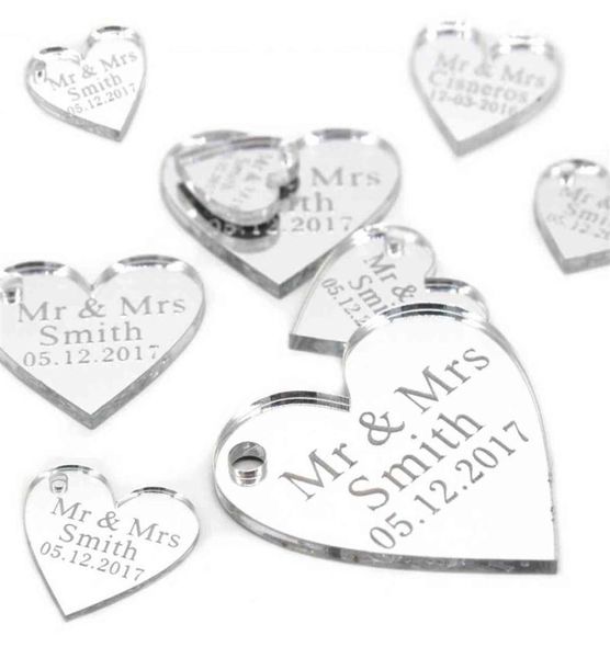 50 pezzi personalizzati con specchio acrilico inciso cuore amore con taghi da regalo tavolo da matrimonio tavolo da decorazione decorazione di coriandole fusti G1940979