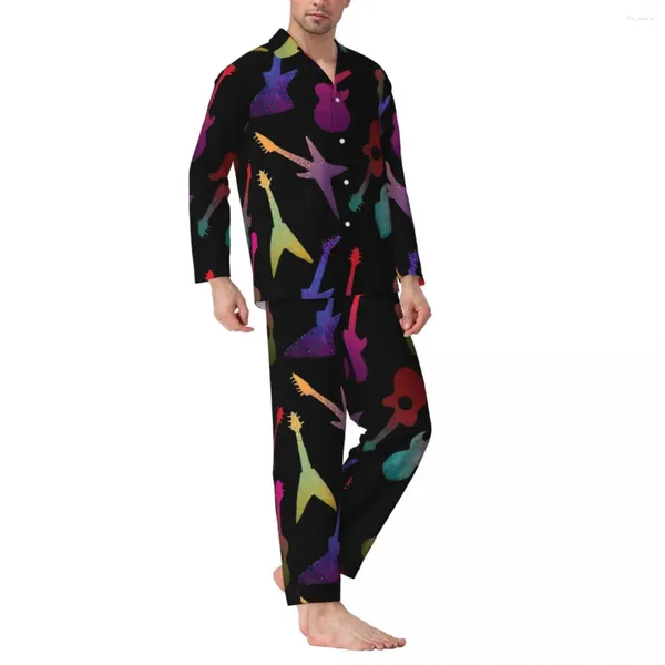 Pijama para dormir masculino Notas de música masculino Guitarras de roupas de noite impressão de duas peças Pijama vintage Conjunto de mangas compridas