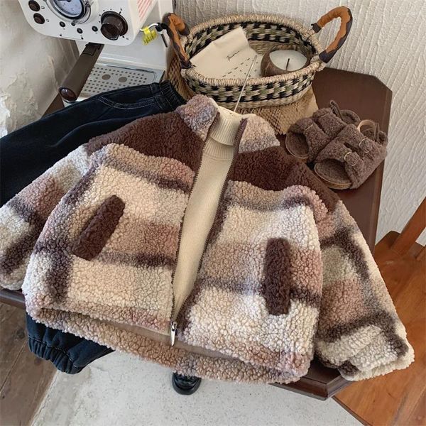 Jacken Kinder künstlicher Berber Fleece Mantel Boy's Winter Koreanische Mode Plush Striped Jacke Reißverschluss Casual Outwear