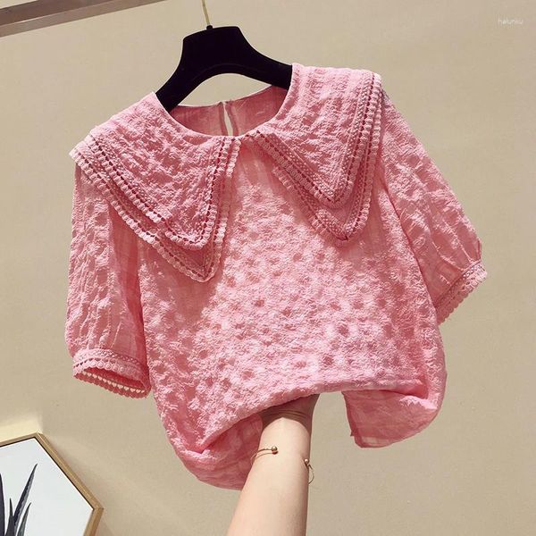 Frauenblusen Pink Lace Women Bluse Blouse Summer Design 2023 Turndown-Kragen kurzärmelige süße Stil weibliche Ziehungen Top-Qualität