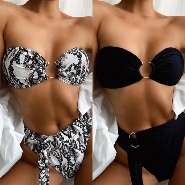 Frauen Badebekleidung 2023 Sexy Bikini Bandeau Frauen Schlangenhaut Schwarzer Badeanzug Set Badeanzug Frauen Gürtel Metal Hoop Decor Banadores