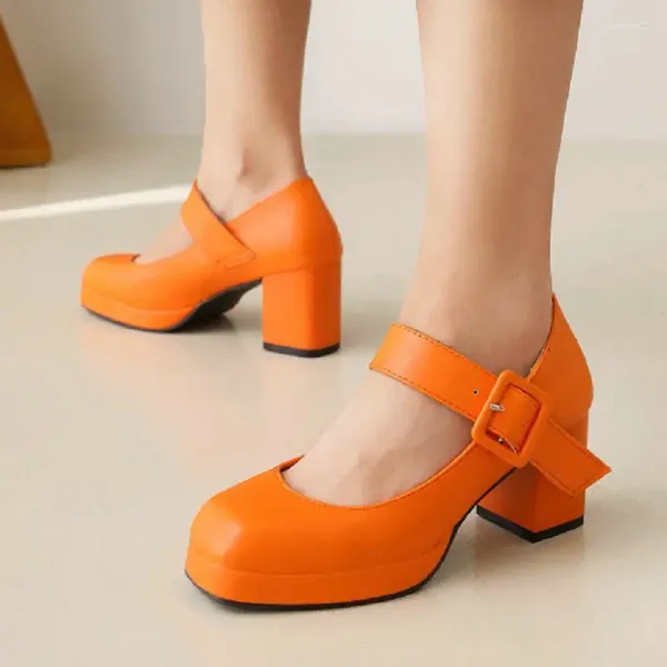 Kleiderschuhe plus Größe 33-48 Shose Women 2023 Fashion Lady Square Heeled Pumps Orange Rote Schnalle Gurt Lolita Mary Janes Plattform Heels