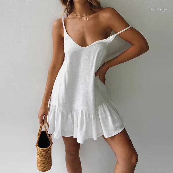 Lässige Kleider Sommer Mode sexy Frauen V-Ausschnitt Open Rückenkleid gelbe ärmellose losen Strand Urlaub Mini Vestidos