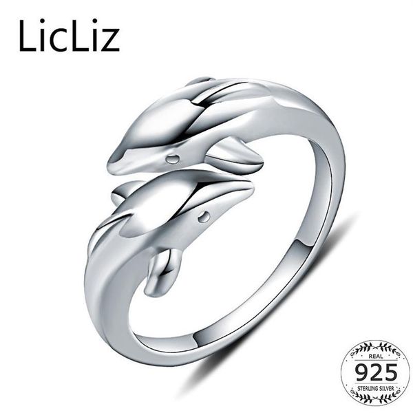 Licliz Real 925 Sterling Silver Animal Anéis para mulheres Dolphin Ring Plain Plain Aberto Ajustável Anéis Anilos Mujer LR0409 S310V