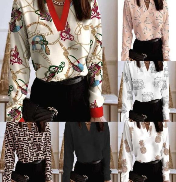 Camicie da donna dell'autunno di primavera 2023 Designer Ladies Tops Fashion Vneck Sleeve Long Stamped Shirt Plus Times 3xl1983799