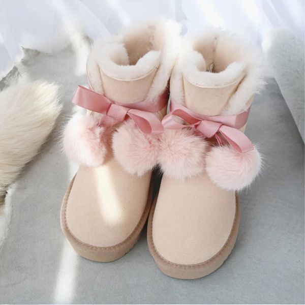 G Zaco Winter Echtes Schaffell Stiefel Schafwolle Australien Schnee Süße Schleife Ball Flache Pelz Gril Studenten Schuhe 231221