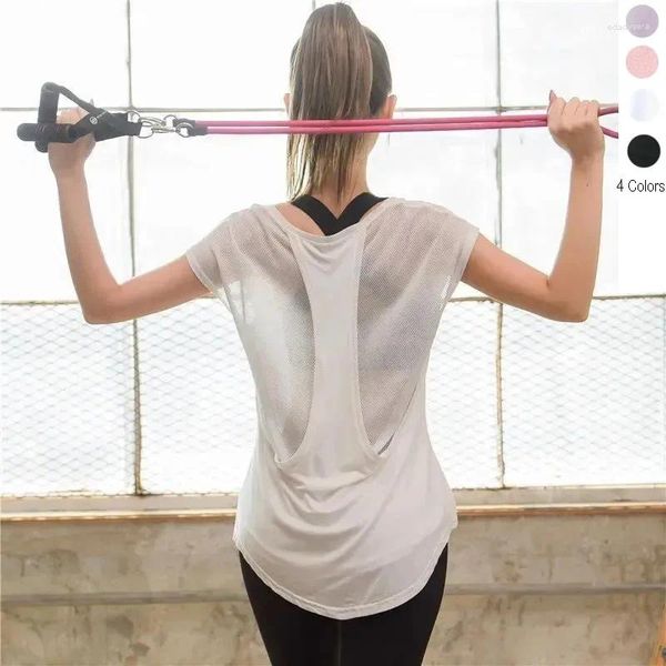 Camisas ativas Mulheres Tops de fitness Treinamento Exercício de exercício T feminino T-shirt ioga de fisicultura de fêmea com manga curta 07