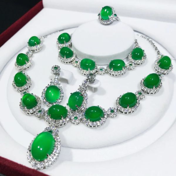 Handgefertigtes Jade -Diamantschmuck Set 925 Sterling Silber Ehering Ohrring Halskette Armband für Frauen Braut Engagement Schmuck 231221