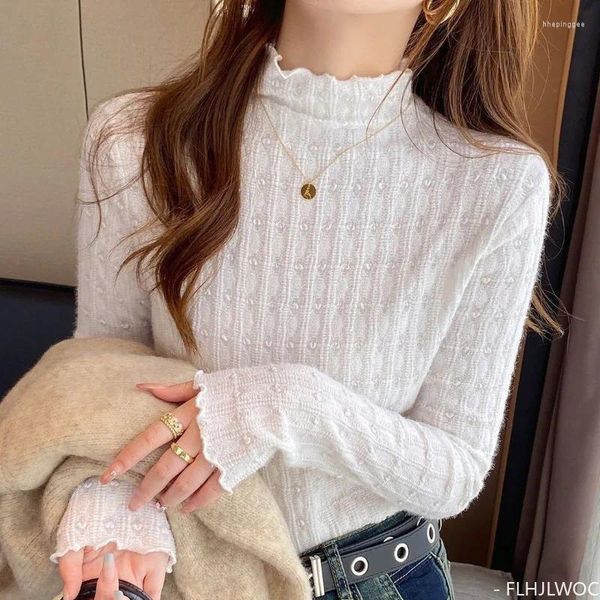 Frauenblusen Winter Basishemden Langarm Design Korea Japan Stil Retro Vintage Stickerei Frauen Chic Hollow -out Spitze Rollkragenpullover Top