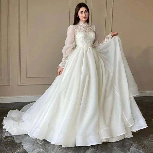 Splendido abito da sposa A-line Donne 2024 maniche a soffio lungo a collo alto in pizzo Organza Bridal Bride Cape