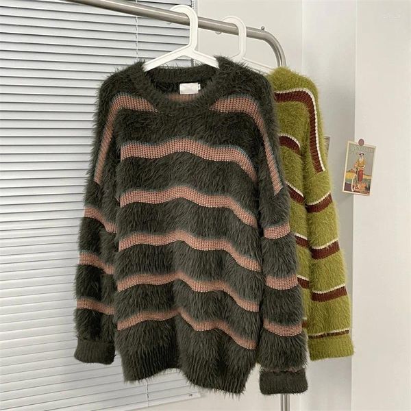 Erkek Sweaters Erkekler 2023 Sonbahar Kış Stripe Sweater Üstler Erkek İmitasyon Mink Vinç Varlık Sokak Giyim Gevşek O-Neck Örgü I580