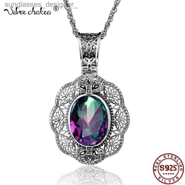 Collane a ciondolo Silverchakra Big Mystic Topaz Gem Vittorian retrò collane a sospensione per donne Floral Filigree fatte a mano 925 Silver Fine Jewelryl231222