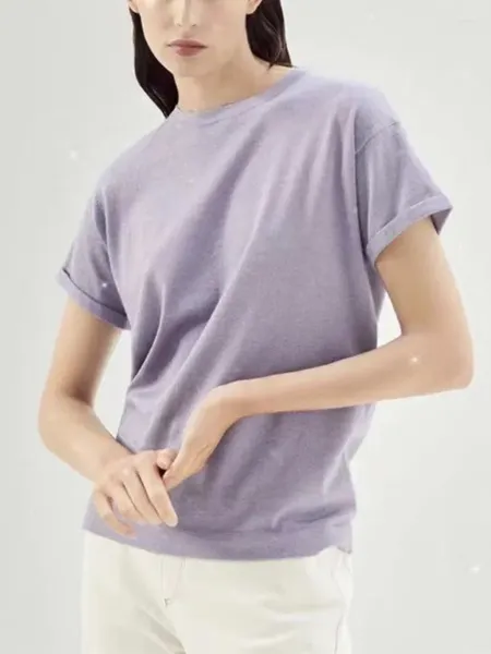 Camisetas femininas Moda Mulher lã Seda mistura de seda brilhante 2023 Damas de verão roladas de manga curta Round Roul