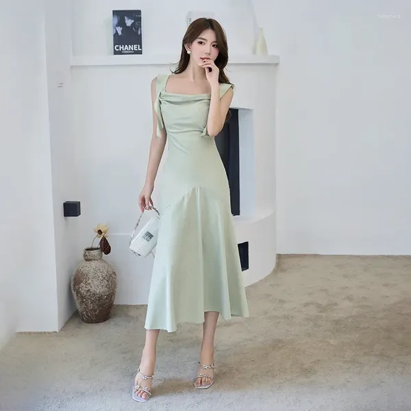 Abiti casual Donne Eleganti Satin Long 2023 Sexy Green Female A-Line Simple Chic Slim Vestidos Abito da sera da sera formale